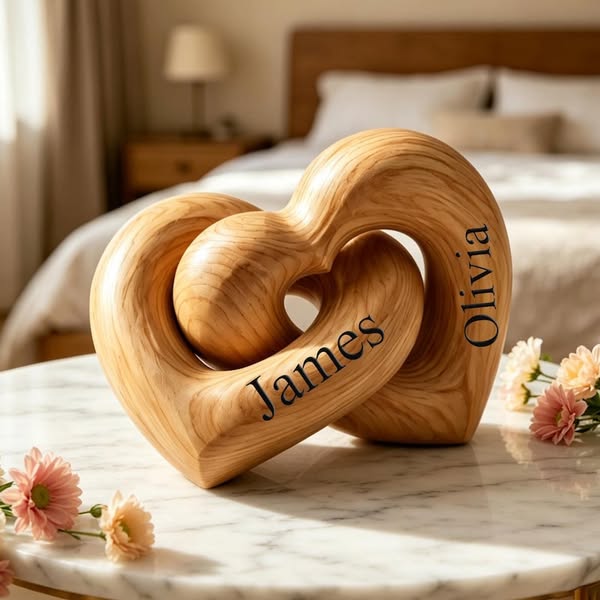 Interlocking Wooden Hearts Ornament, Engraved Couple Names