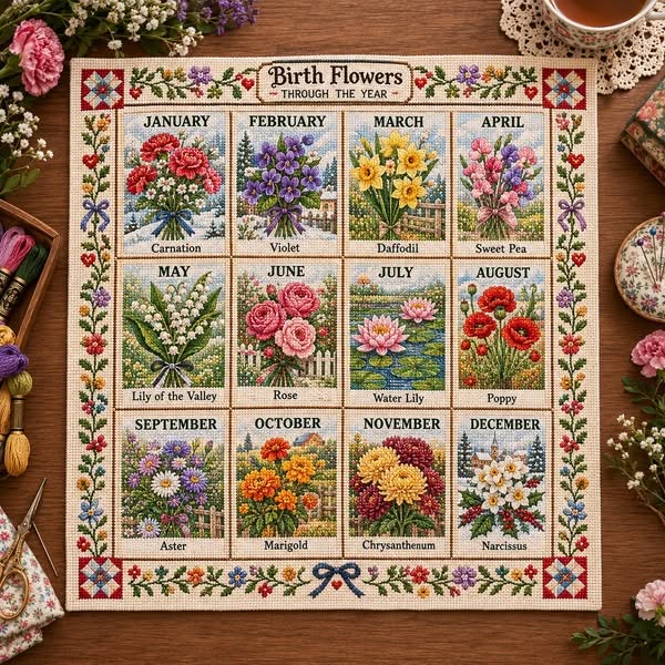 Beginner-Friendly 12-Month Seasonal Embroidery DIY Kit | 8 Theme Collections with Pre-Printed Fabric, Floss, Needles & Complete Stitching