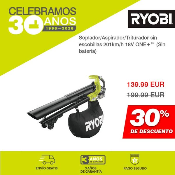 Soplador/Aspirador/Triturador sin escobillas 201km/h 18V ONE+™ (Sin batería)