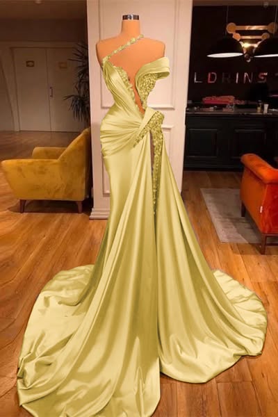 Off-the-Shoulder Long Mermaid Prom Dress Beadings with Split | Risias Gold-US20W