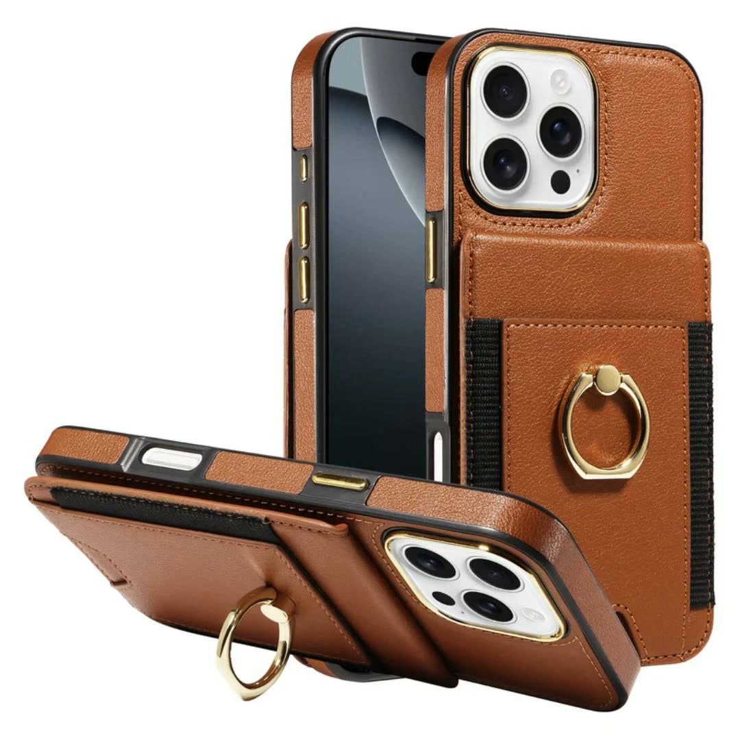 Wallet Card Slot Ring Holder Leather Case for iPhone