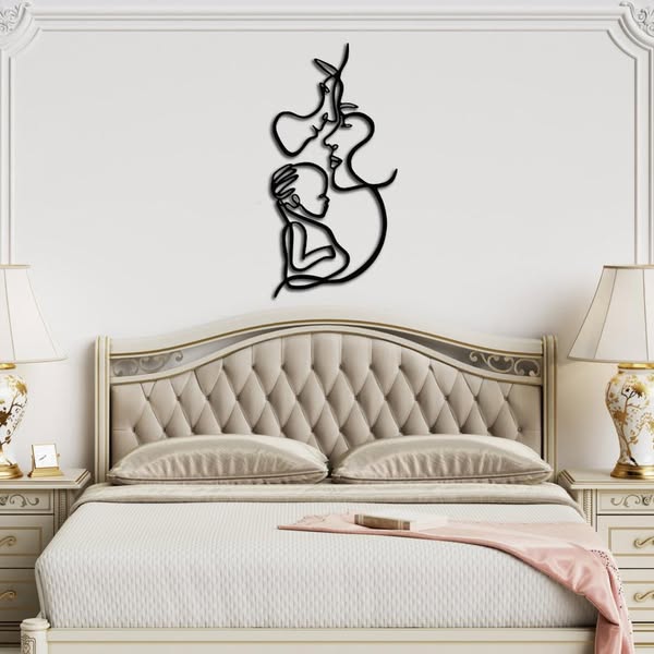 Family with Baby Line Art Metal Wall Art – Powder-Coated Line Art Style Garage Decor