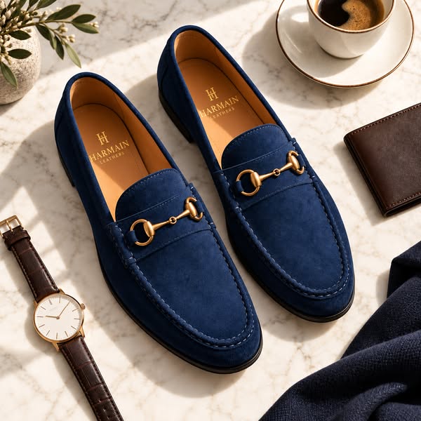 Handcrafted Navy Suede Loafers