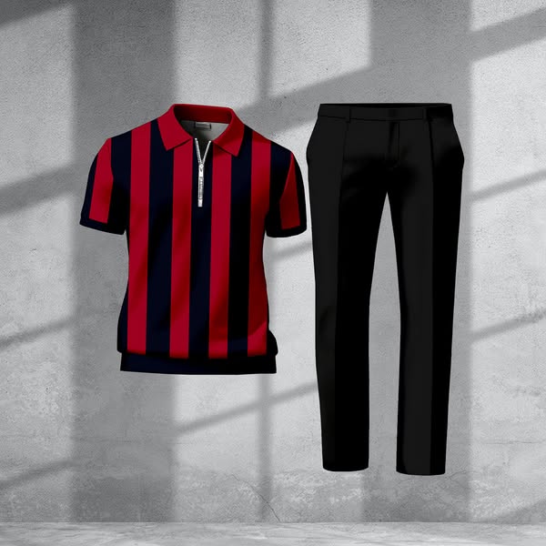 Men's Casual Red & Black Color Matching Striped Printed Zipper Short-Sleeve Polo Shirt & Trousers Two-Piece Set
