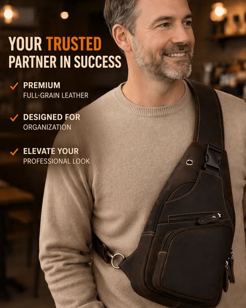 Men's Leather Crossbody Bag with USB Charging Port - Premium Cowhide Sling Bag
