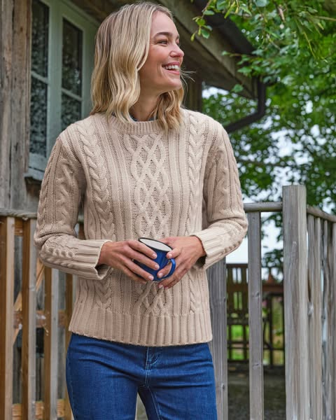 Womens Pure Wool Crew Neck Jumper - Soft Oatmeal | 100% Aran
£69