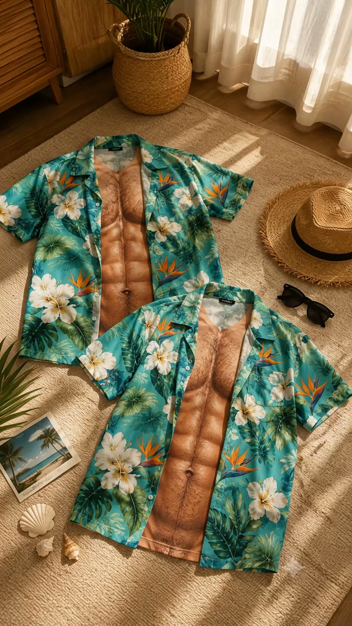 3D Fake Open Hawaiian Shirt Muscle Illusion T-Shirt
