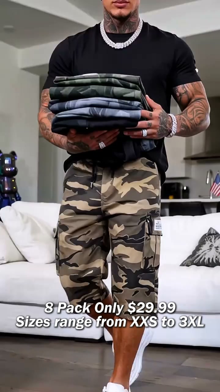 Camo Casual Cargo Shorts Set with Adjustable Waist
