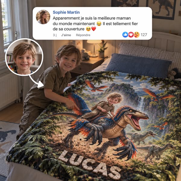 Le plaid Dino personnalisé avec son prénom et son visage