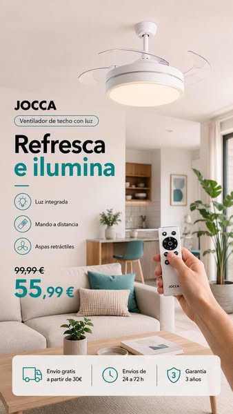 Ventilador de techo con luz y aspas retráctiles JOCCA