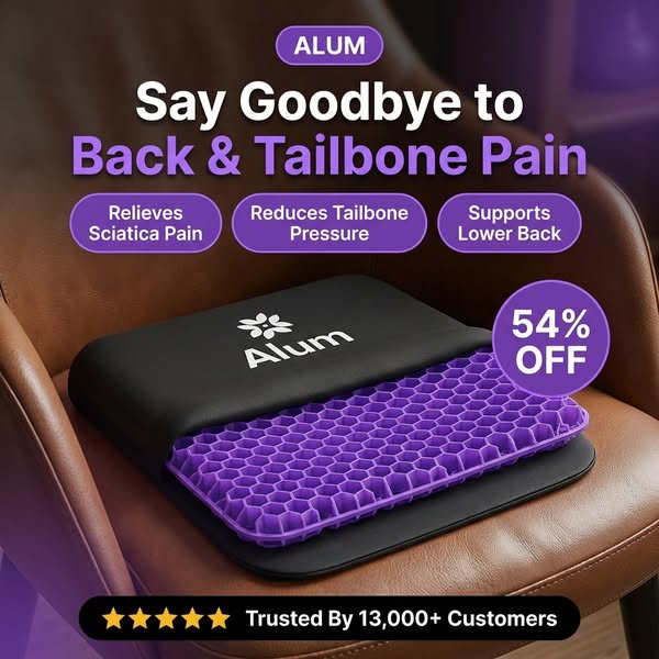 The Alum Gel Seat Cushion takes pressure off your Back & Tailbone instantly so you can sit for hours without the pain.