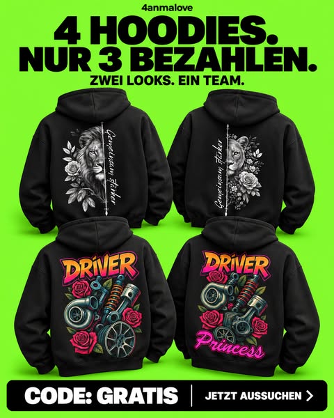 4 Hoodies. Nur 3 bezahlen.