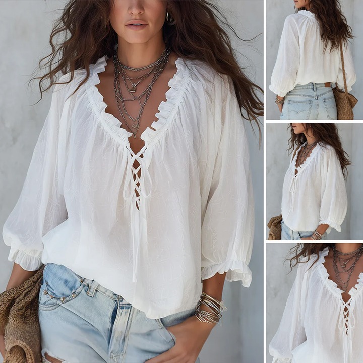 Ruffled V-neck tie-front shirt