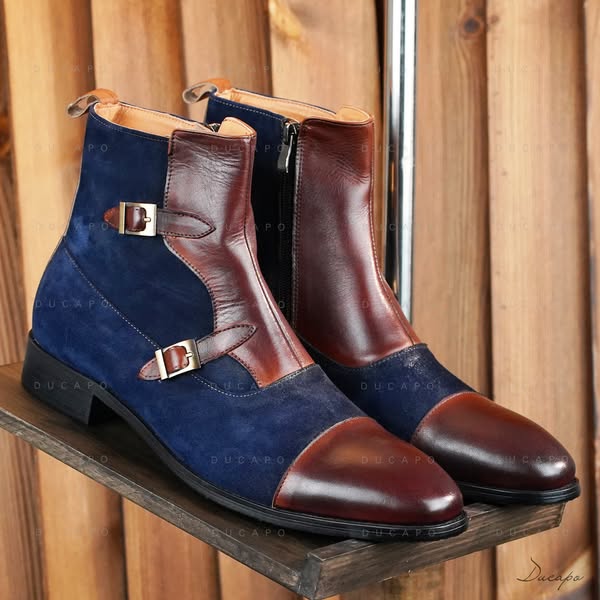 Ducapo Ink-blue Suede Splicing Boots