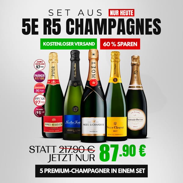 Veuve Clicquot Brut, Moët Impérial, Bollinger Special Cuvée, Mumm Cordon Rouge & Ruinart Brut