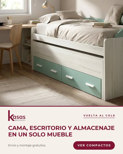 Cama, escritorio y almacenaje en un solo mueble