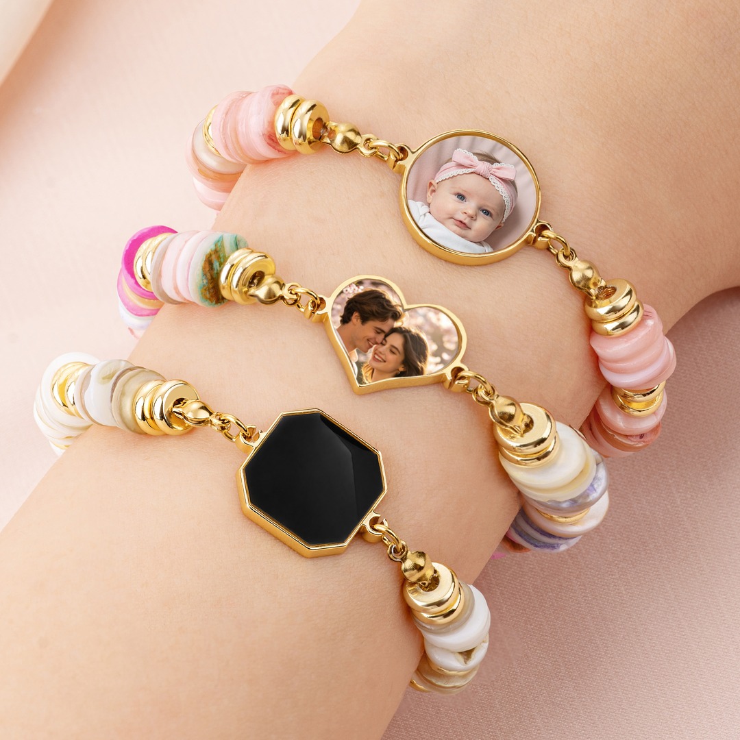 Personalized Heat-Activated Hidden Photo Sea Shell Heishi Beads Bracelet with Engraving, Memorable Jewelry, Birthday/Anniversary Gift for Wo