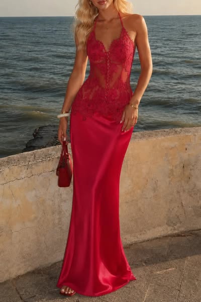 Halter Semi-Sheer Lace Patchwork Backless Slim Maxi Dresses-Red