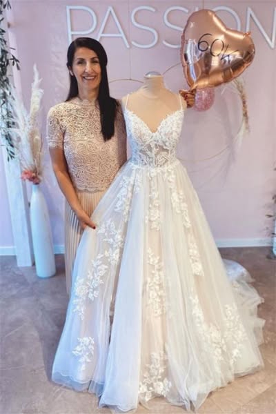 Tulle Lace A Line Spaghetti-Straps V-Neck Sleeveless Wedding Dress｜Acodress PA0018 Custom Color-US16