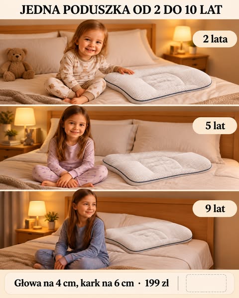Jedna poduszka od 2 do 10 lat · Głowa na 4 cm, kark na 6 cm