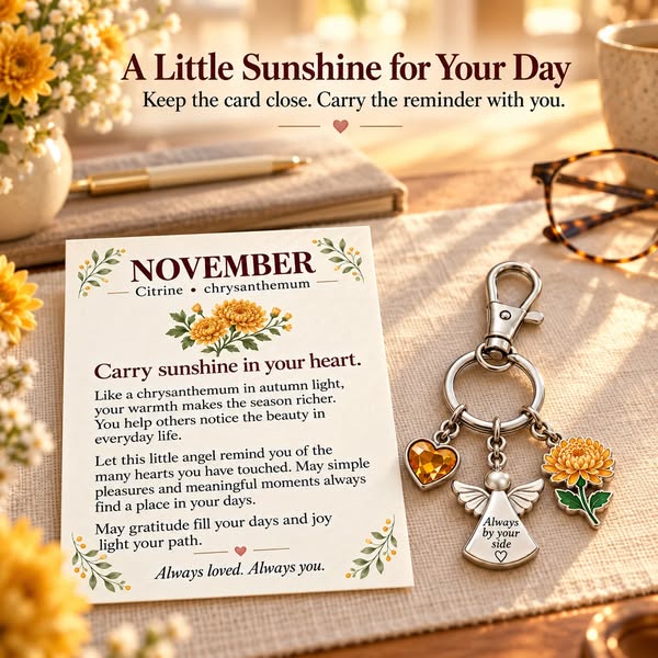 Always By Your Side: Birth Month Angel & Flower Keychain + Keepsake Card - January: Garnet & Carnation
