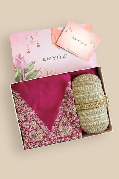Gift Hamper - Rutvi Pink Suit Set & Naaz Gold Capsule Clutch Box