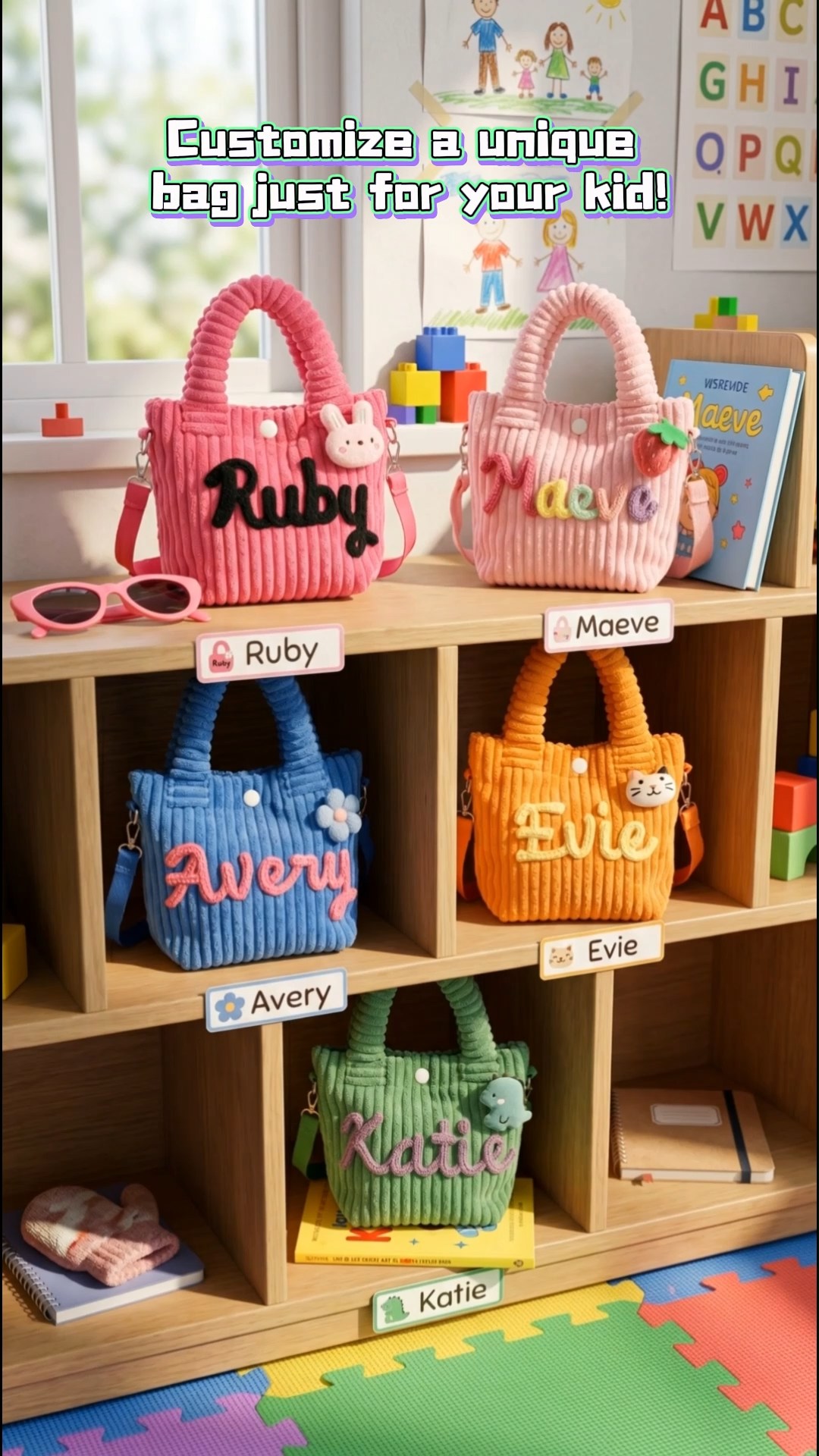 Custom Handmade Corduroy Crossbody Bag, Toddler Purse with Charm & Embroidered Name, Yarn Preschool/Daycare Bag, Back to School/Birthday Gif