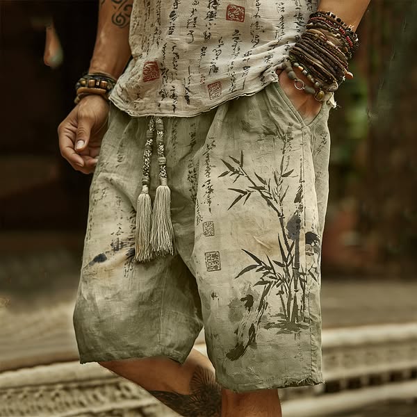 Japanese Art Bamboo Forest Ink Dyeing Art Tie-dye Shorts Beige-4XL$26.99