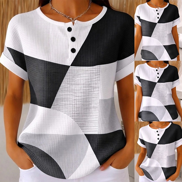Crew Neck Button Color-Block Waffle Blouse