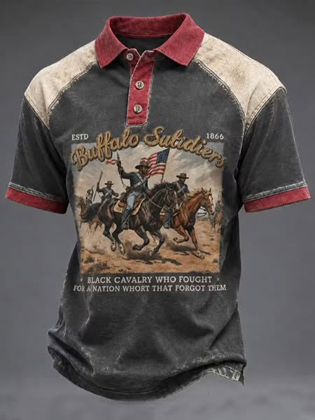 Men's Vintage Buffalo Soldiers Black Cavalry 1866 Art Print Short Sleeve Polo Shirt