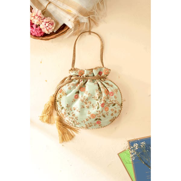 Floral Creeper Potli Bag - Mint