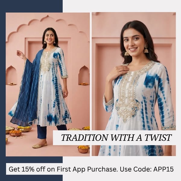 Indigo Blue Shibori Print Silk Straight Kurta Set with Gota Patti Work, Palazzo & Dupatta
