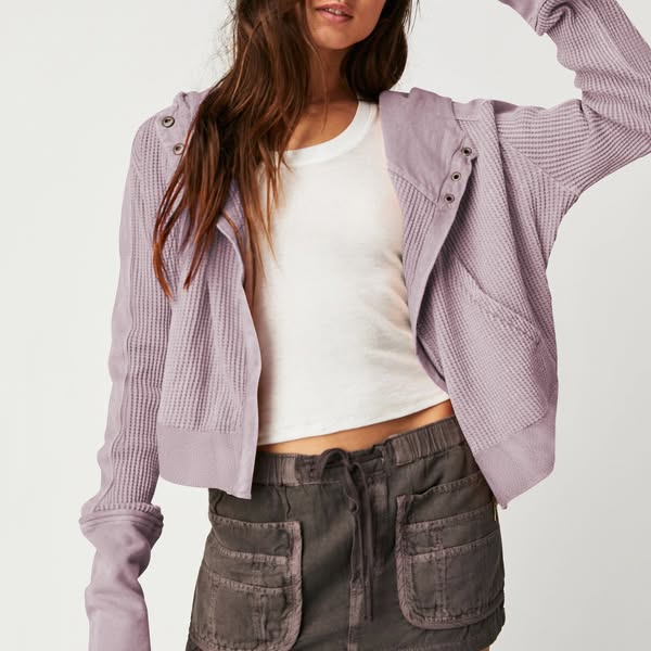 Waffle Knit Live Zip Up Hooded Cardigan purple-L$37.98