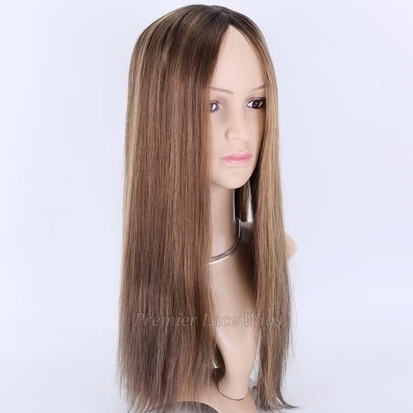 $666 Hairpieces 7"×8" Silk Base Toppers For Thinning Hair and Partial Hair Loss,Brown Highlights Virgin H