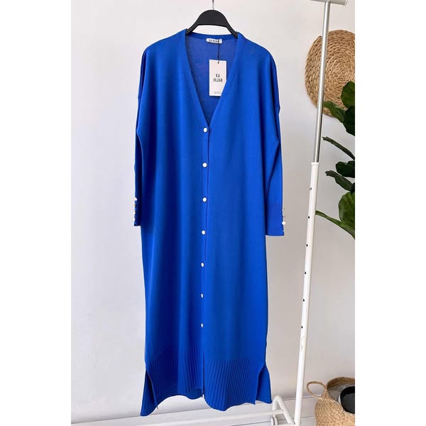 Maxi-Length Buttoned Mercerized Cardigan - Saxe