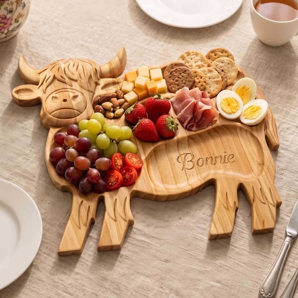 Custom Name Engraved Highland Cow Charcuterie Board, Multi-Compartment Wooden Serving Tray, Kitchen Accessory, Housewarming Gift for Hostess
