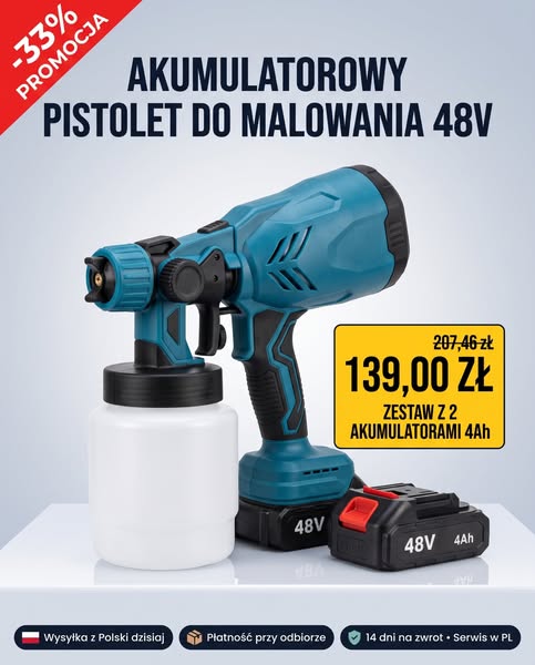 Akumulatorowy Pistolet do Malowania 48V (Zbiornik 1L) [-33%]