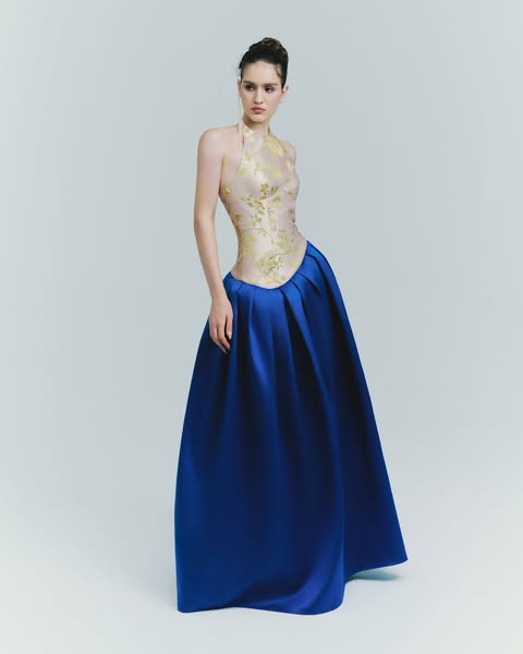 Strapless Corset Gown with Hand-Cut Lace Appliqué