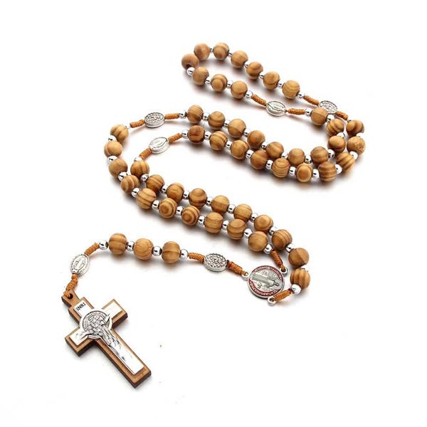Natural Wood Handmade Rosary With Saint Benedict Cross
