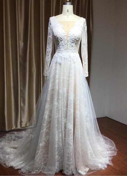 Sheer Tulle Long Sleeves A-line Illusion Lace Wedding Dress White-US10