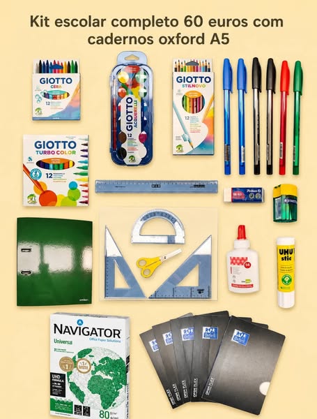 Kit Material Escolar Completo | 60Eur | Cadernos A5 OXFORD + Estojo TO