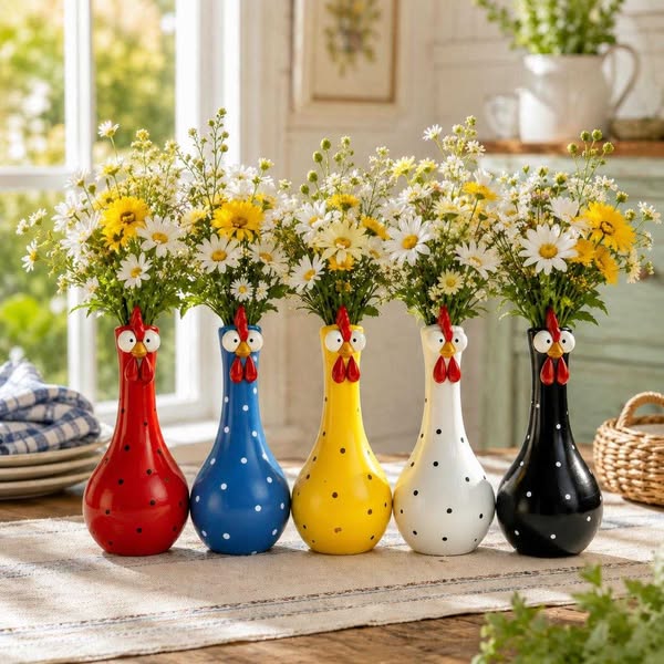Personalized Chicken Resin Vase, Custom Farmhouse Polka Dot Flower Holder, Farmhouse Kitchen Decor