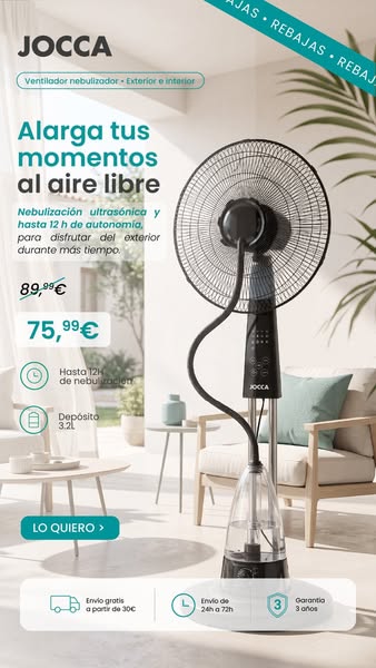 Ventilador Nebulizador con Depósito 3,2 L y 3 Velocidades | JOCCA