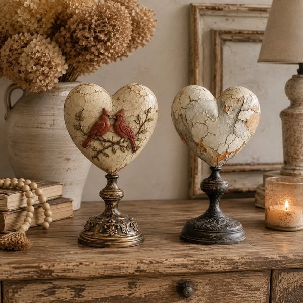 Vintage Crackled Heart Pedestal Decor | Farmhouse Tabletop Ornament