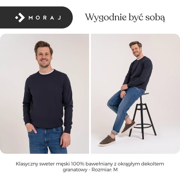 Klasyczny sweter męski 100% bawełniany z okrągłym dekoltem granatowy - Rozmiar: M