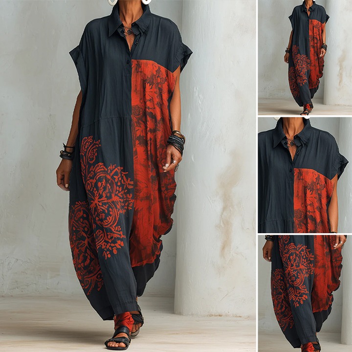 Lapel Print Loose Shirt Dress