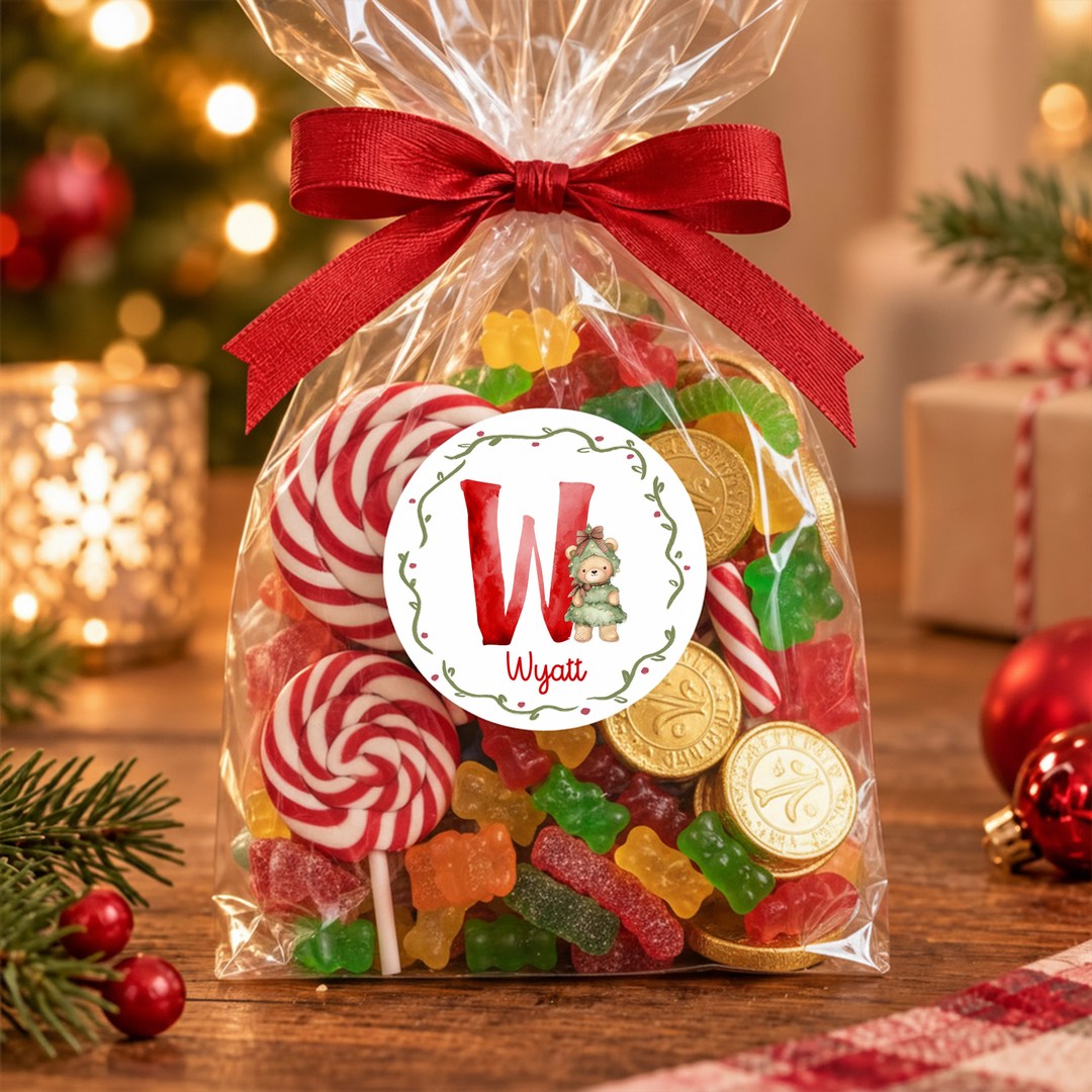 Adesivos redondos personalizados com nome e inicial de urso de Natal, etiquetas para presentes de Natal, decalques para cartões de felicitaç