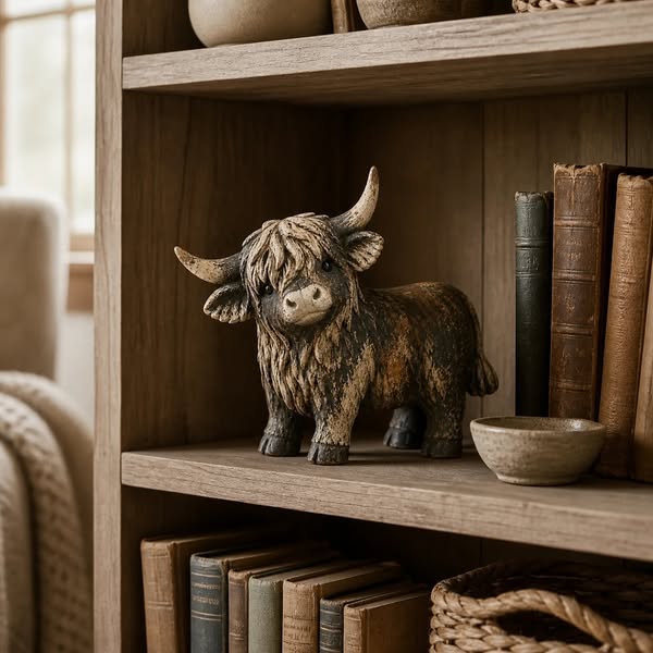Rustic Highland Cow Figurine – Charming Farmhouse Tabletop Decor
