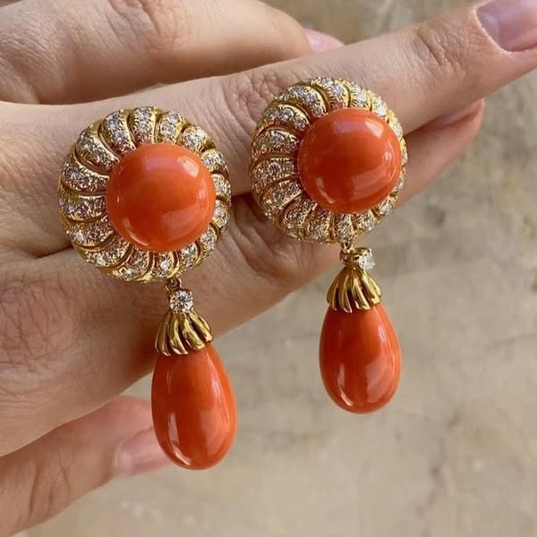 2.5 Ctw Round Cut Red Not Natural Coral Cubic Zirconia 925 Sterling Silver Pendant Earrings-JOSHINY$150