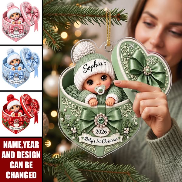Personalized Baby’s First Christmas Ornament , Custom Name Heart Acrylic Ornament